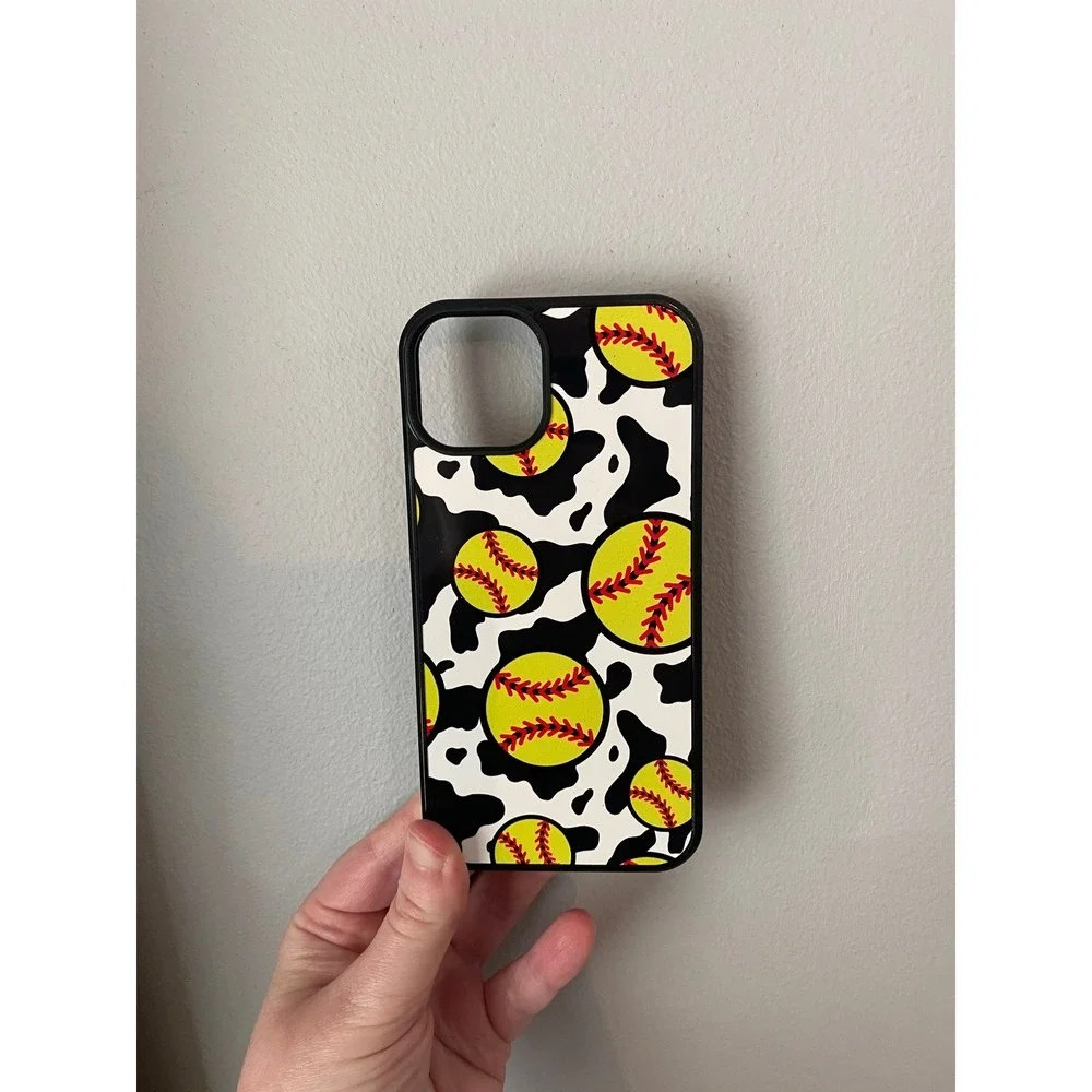 Softball Cow Print Phone Case iPhone 13 Black White Yellow Sporty Western Cover